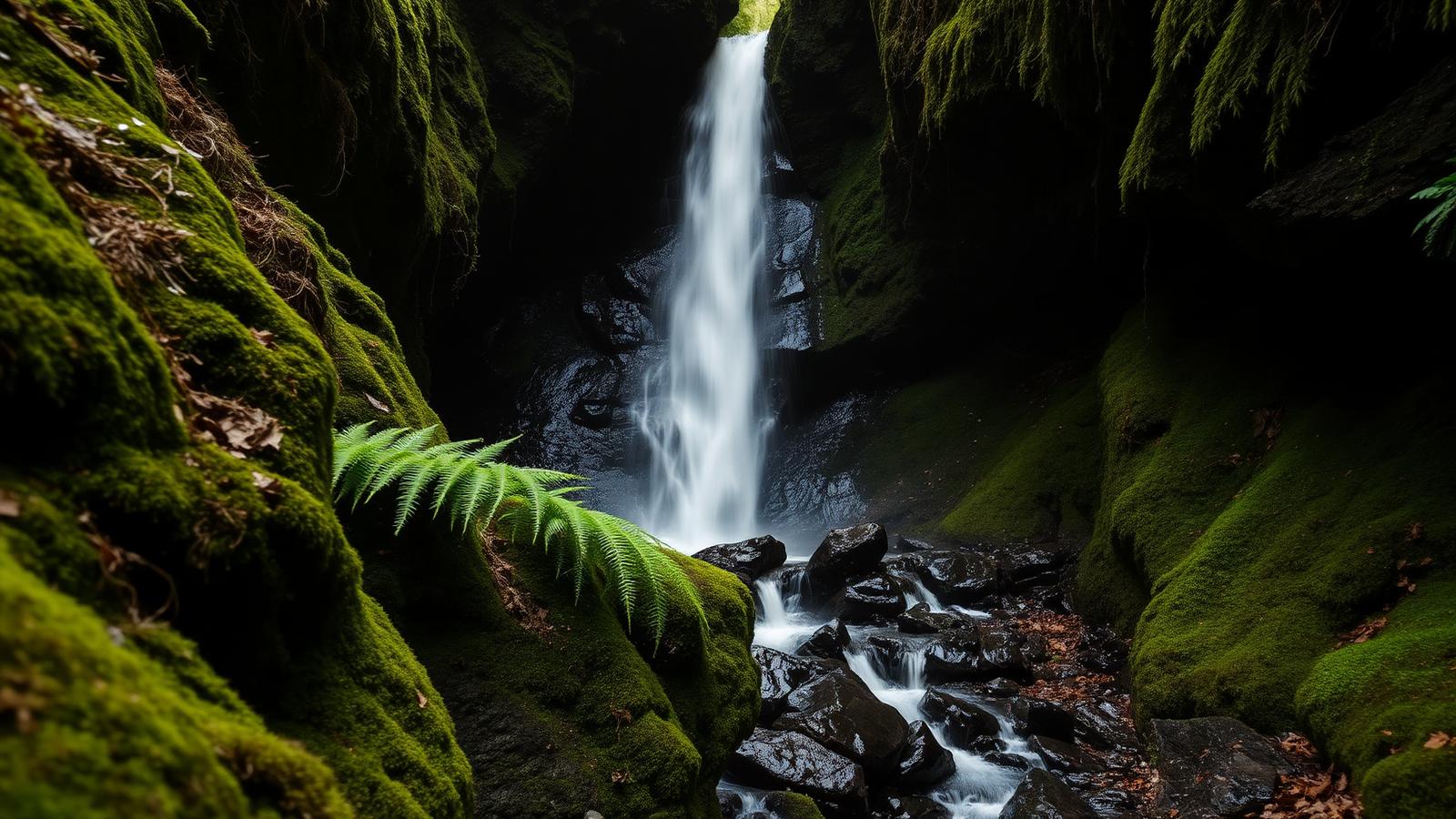 A slender waterfall dropping through a mossy, fern-lined wooded gorge in the North York Moors