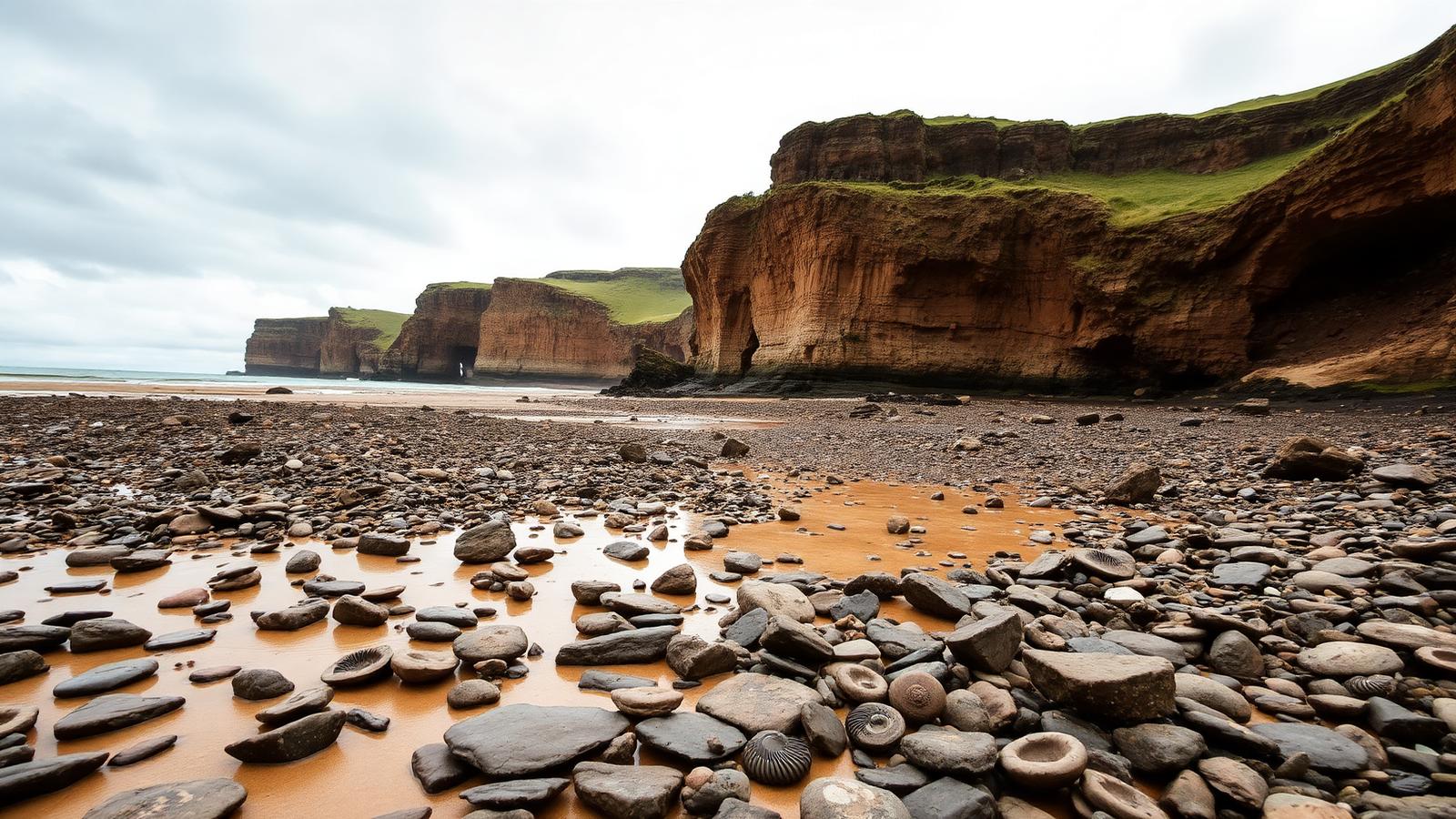 A rocky Jurassic foreshore of dark shale boulders and ammonite-bearing stones beneath crumbling cliffs on the Yorkshire coast at low tide