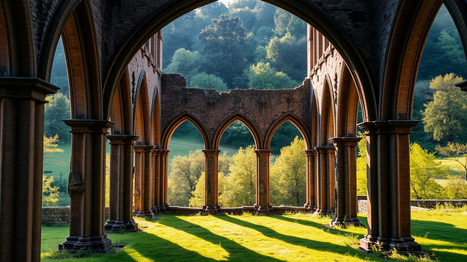 Sunlit Gothic arches of a ruined Cistercian abbey standing in a green wooded Yorkshire valley