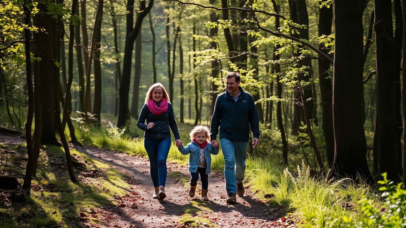 A family walking a woodland trail through dappled sunlight in a North York Moors forest