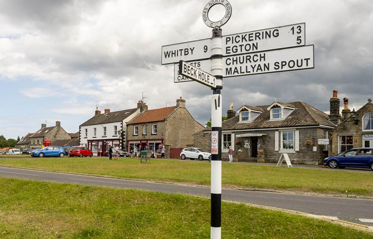 Traditional black-and-white fingerpost signpost on Goathland village green pointing to Whitby, Pickering, Egton, Beck Hole and Mallyan Spout, with stone cottages and the tea rooms behind