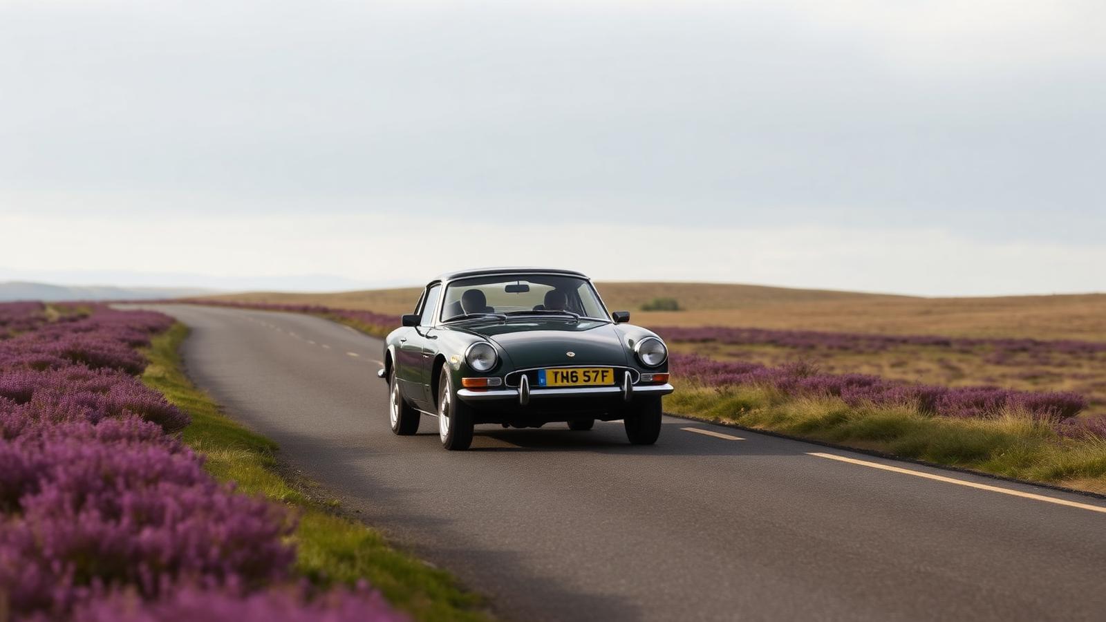 A classic sports car on an empty moorland road between banks of purple heather in the North York Moors