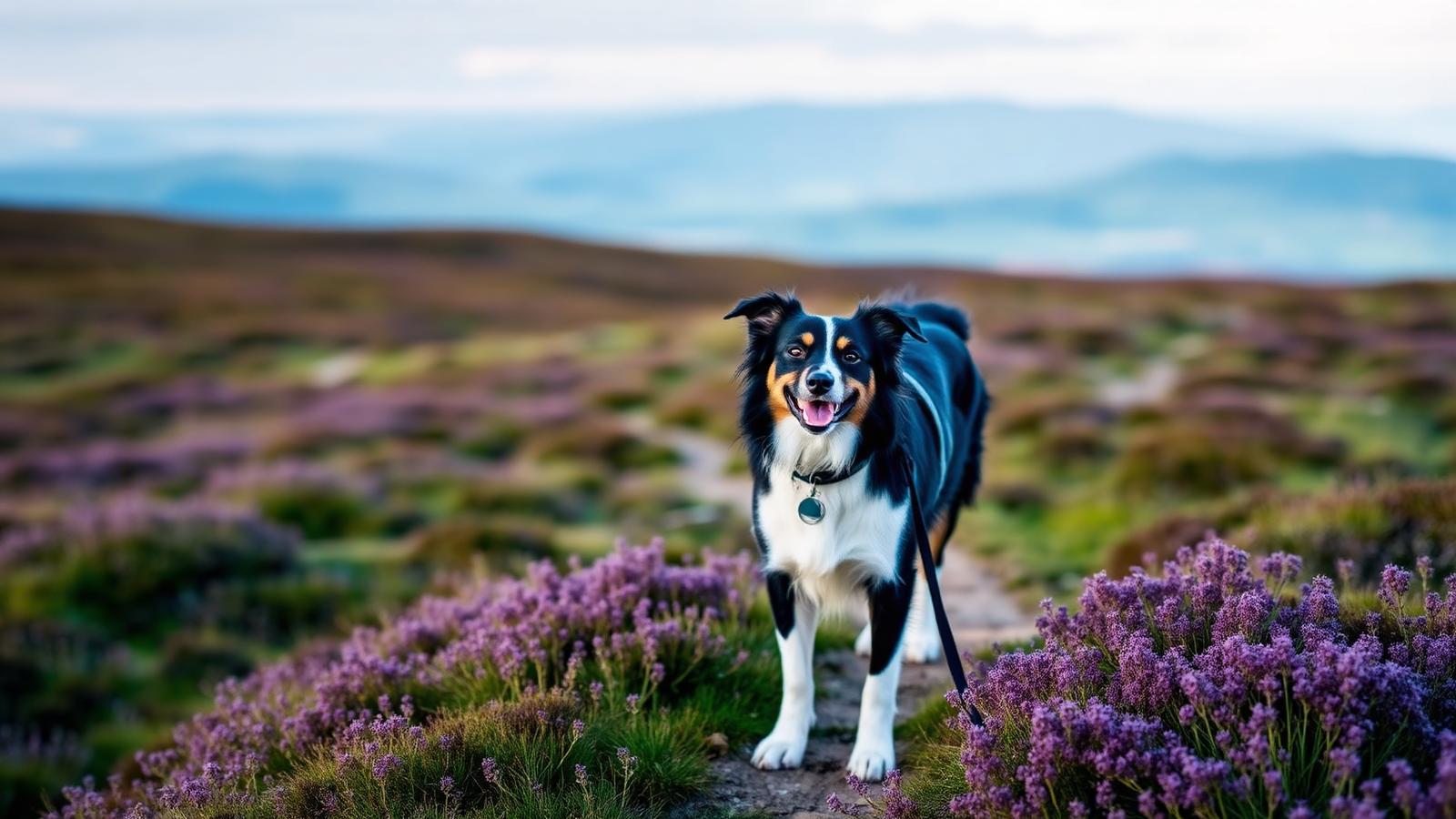 A collie on a lead standing on a heather-lined moorland footpath in the North York Moors