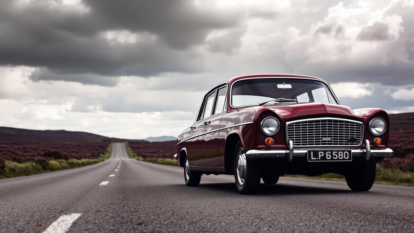 A classic dark red Jaguar saloon on an open moorland road running away across the heather