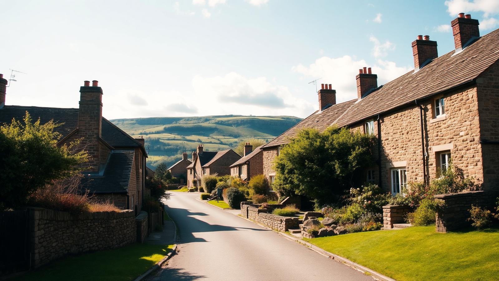 Stone cottages lining a quiet North York Moors village street with moorland hills beyond — the kind of village used as a screen location