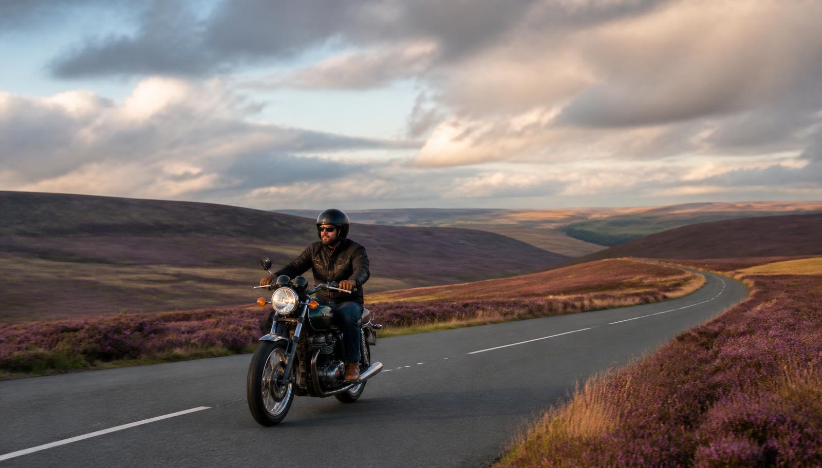 A motorcyclist riding a classic naked motorcycle along an empty winding road across purple heather moorland in the North York Moors