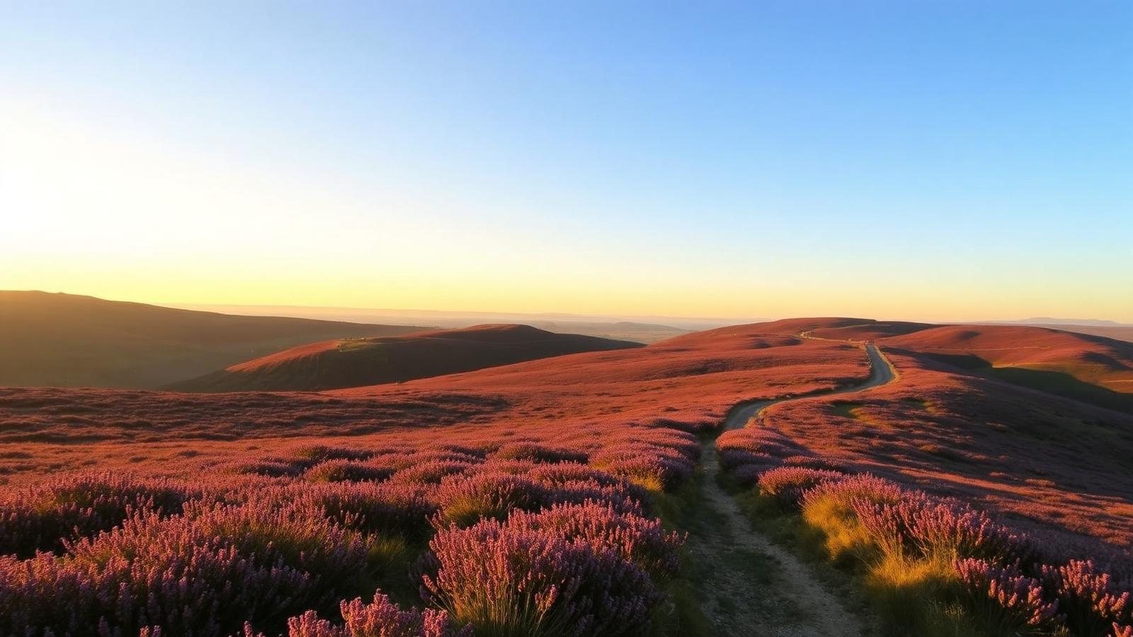 Purple flowering heather moorland in the North York Moors at sunset, with an empty road winding across the hills