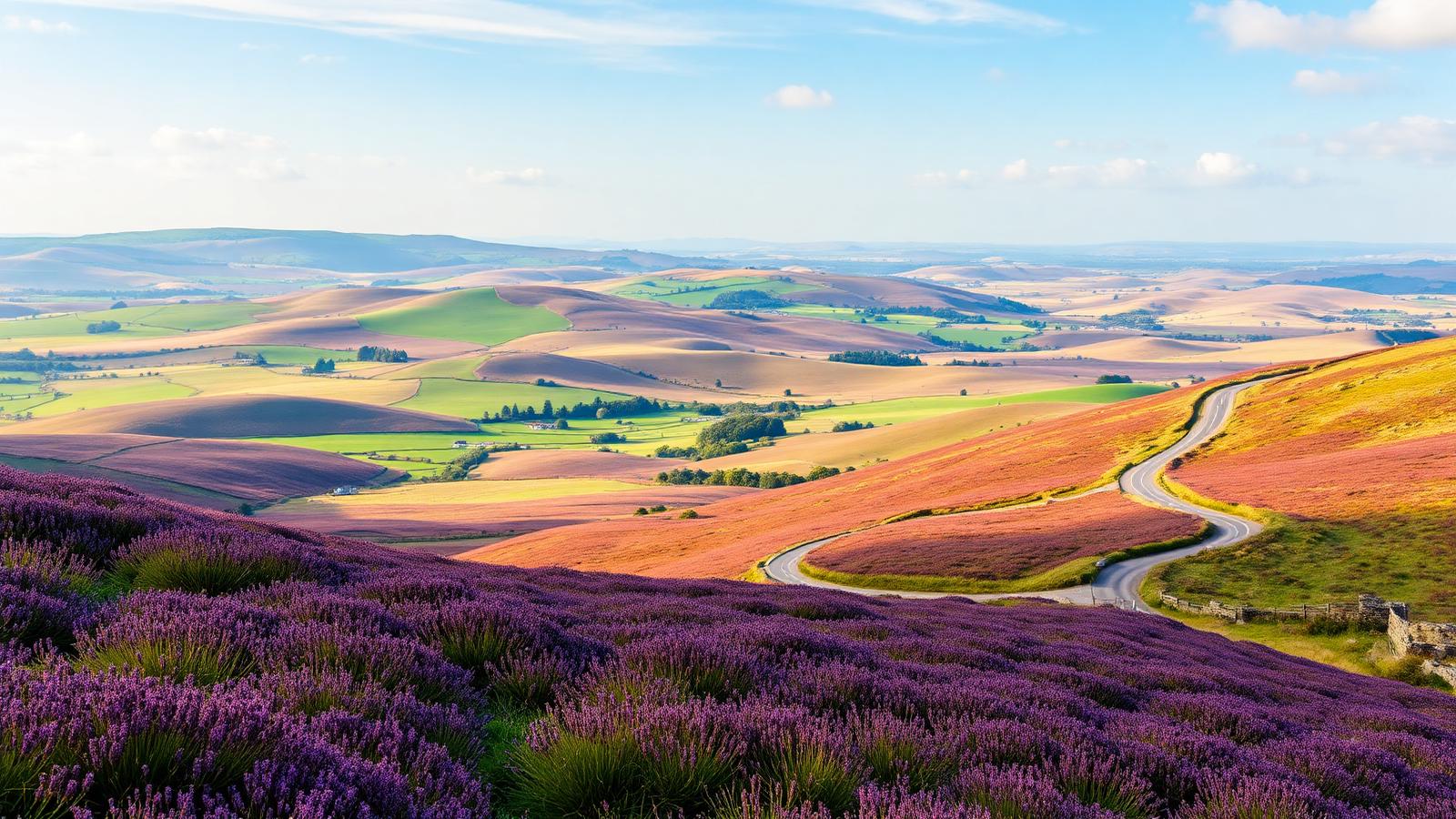 Purple heather moorland rolling away to distant hills with a winding moor road in the North York Moors