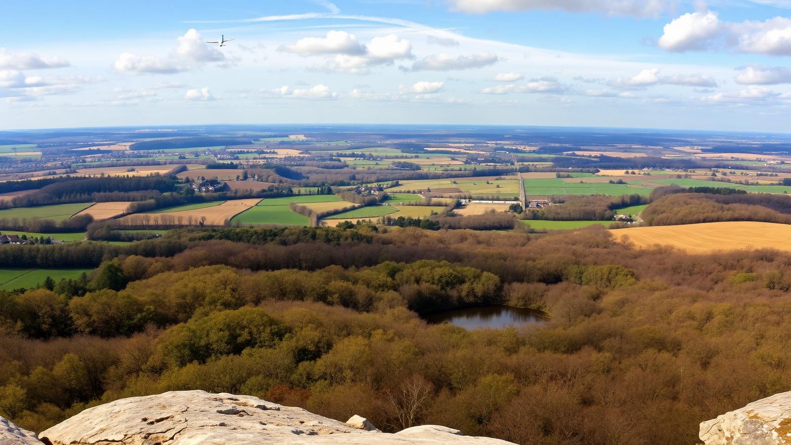 The view west from the Sutton Bank escarpment over the patchwork fields of the Vale of York, with wooded slopes and Lake Gormire below
