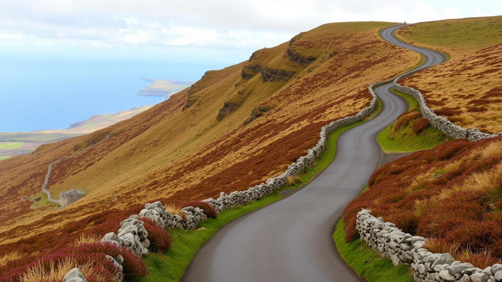 A moorland pass road dropping towards the North Yorkshire coast between drystone walls and heather