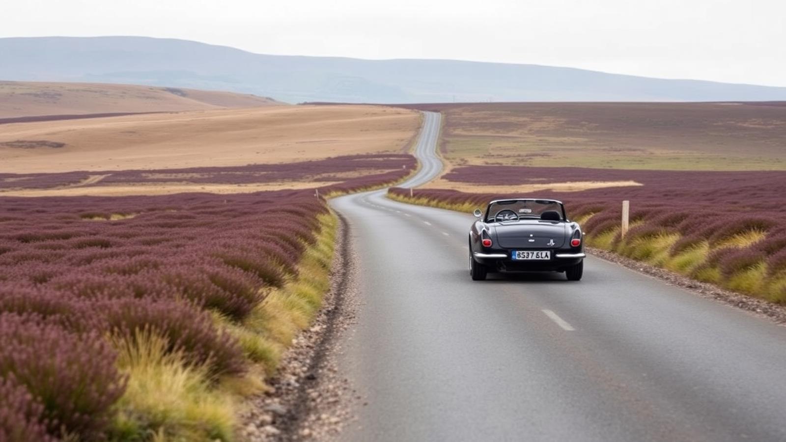 A classic car on an open heather moorland road in the North York Moors