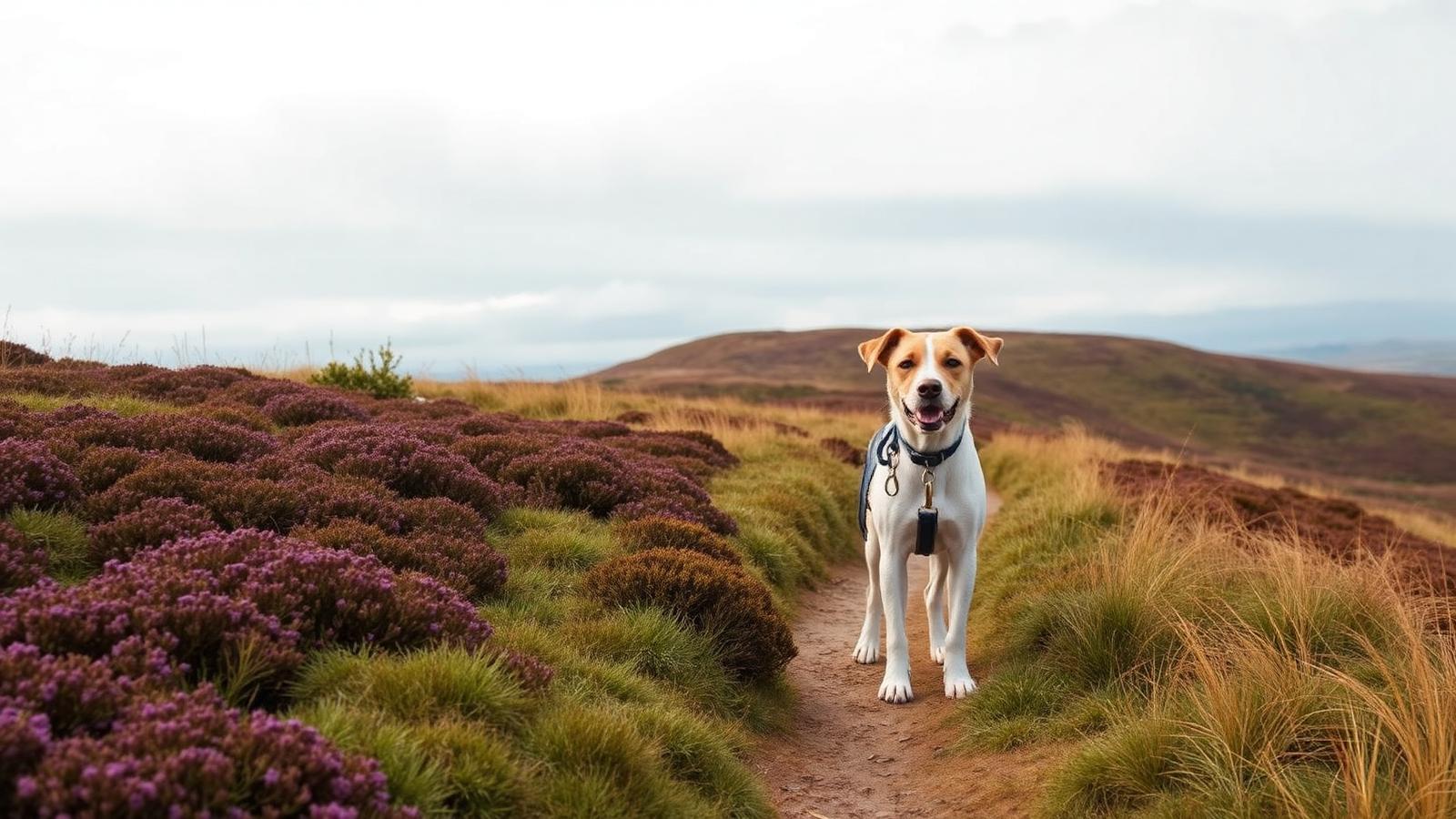 A dog on a lead on a moorland path in the North York Moors