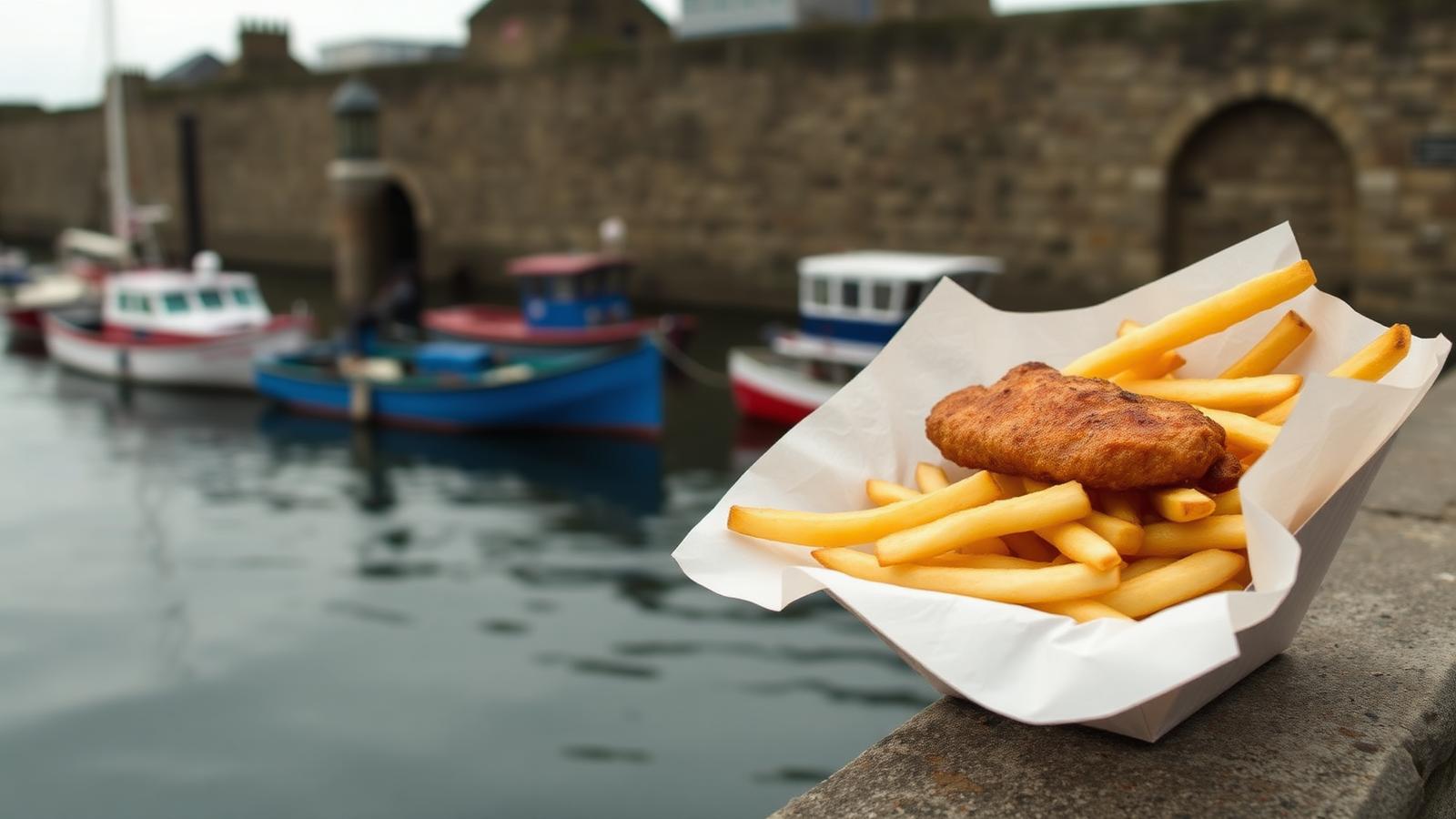 A portion of fish and chips on a harbour wall beside fishing boats on the North Yorkshire coast