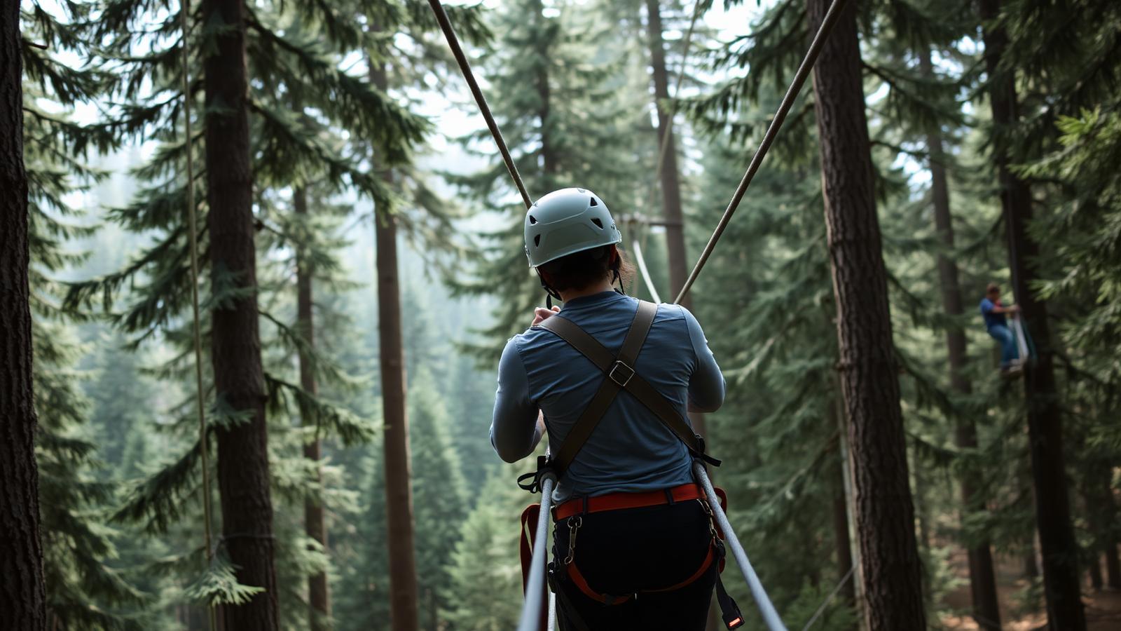 Person in a helmet and harness on a forest high-ropes course among tall trees