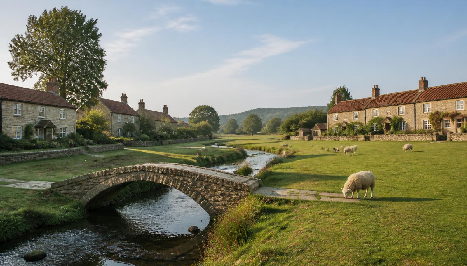 Sheep grazing the green at Hutton-le-Hole beside the beck and a stone footbridge, with pantile-roofed stone cottages behind