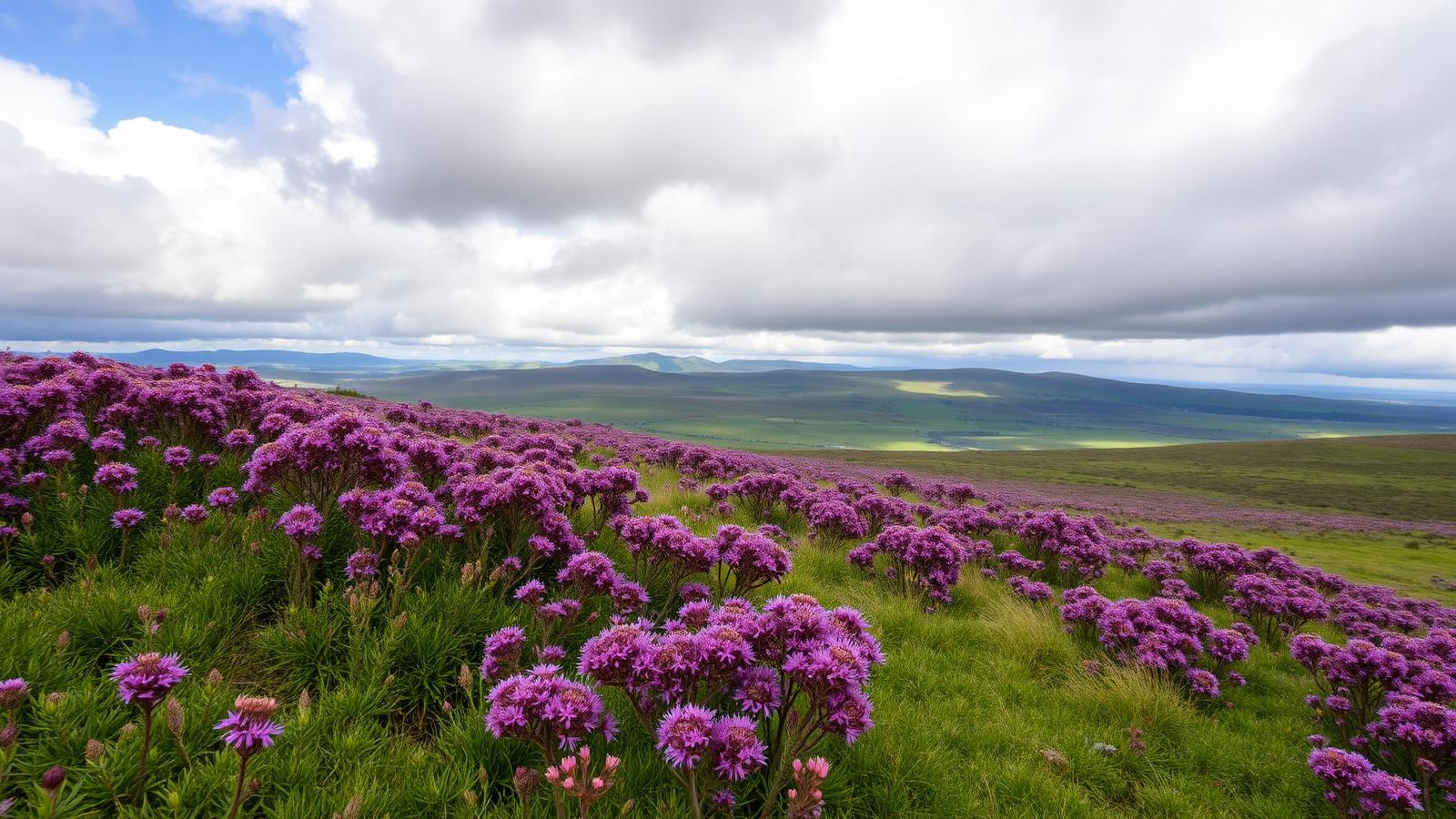 Purple flowering heather across open moorland on Levisham Moor in late summer, North York Moors