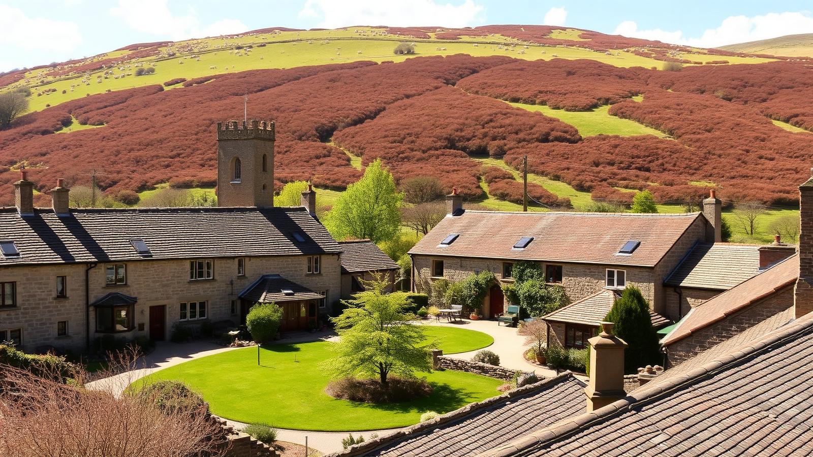 Stone cottages with pantile roofs and the church tower at Rosedale Abbey, with heather moorland rising steeply behind the village