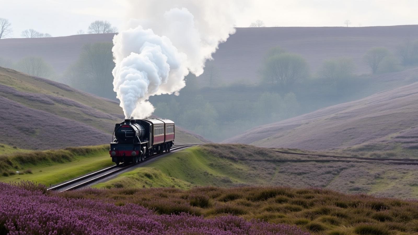 A steam train and moorland scenery in the North York Moors