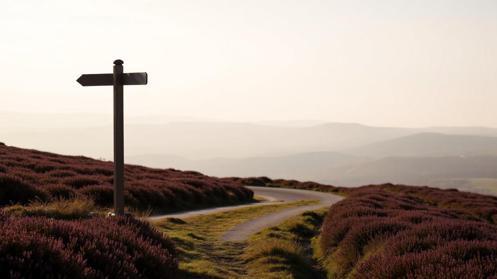 Wooden signpost beside a winding road across purple heather moorland in the North York Moors at first light