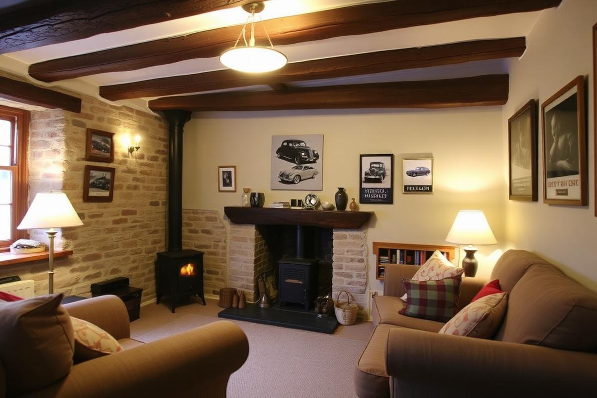 Cosy beamed cottage sitting room with a lit log burner and classic car pictures on the wall