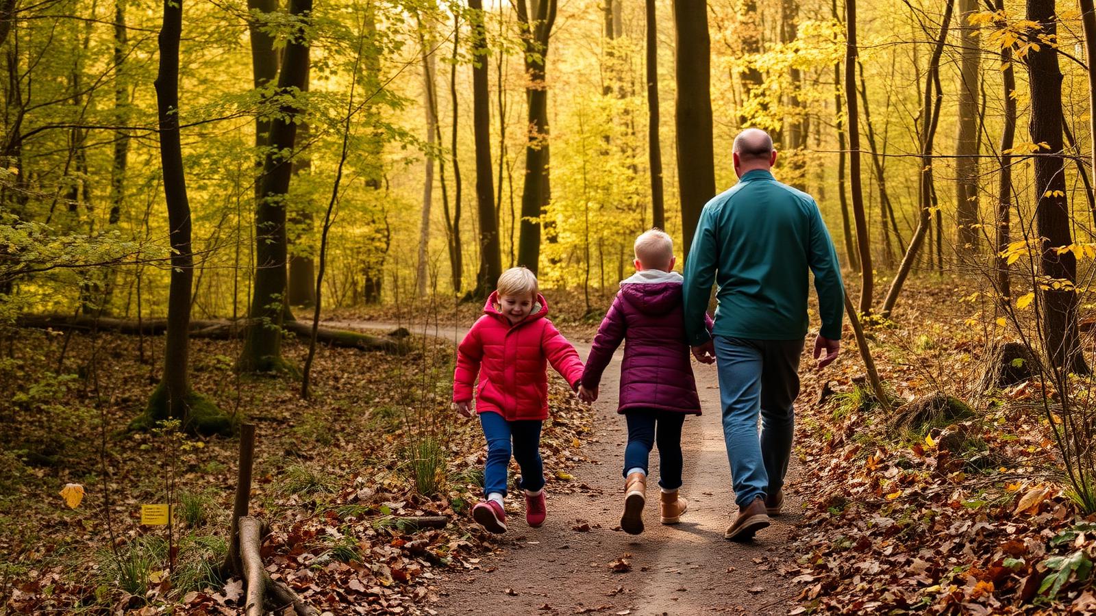A family with two young children walking a waymarked woodland trail in Dalby Forest