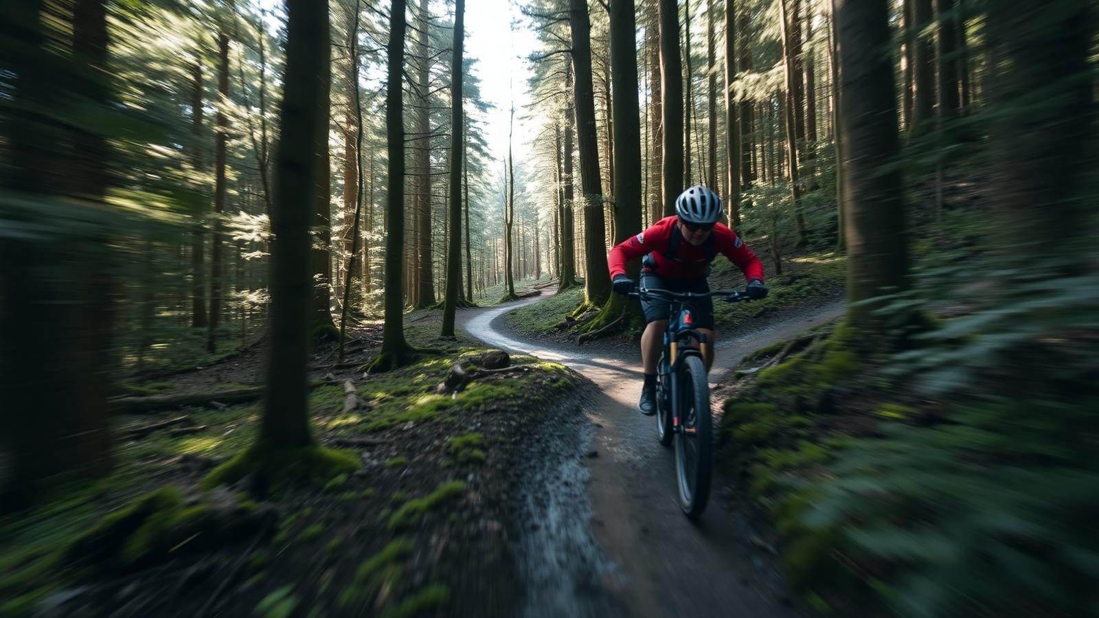 Mountain biker riding narrow singletrack through the conifers at Dalby Forest