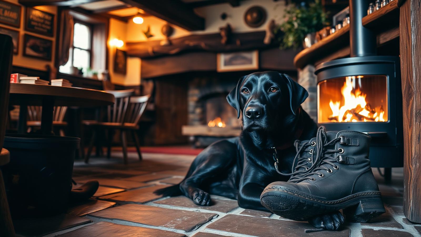 A black labrador lying on the flagstone floor of a cosy Yorkshire pub beside a lit wood-burning stove and a pair of walking boots