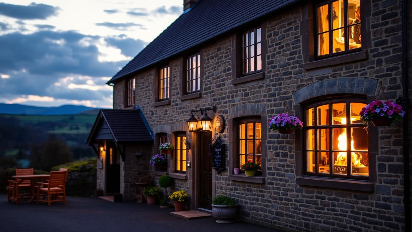 A traditional Yorkshire stone country inn at dusk, firelight in the windows and hanging flower baskets by the door, with moorland behind