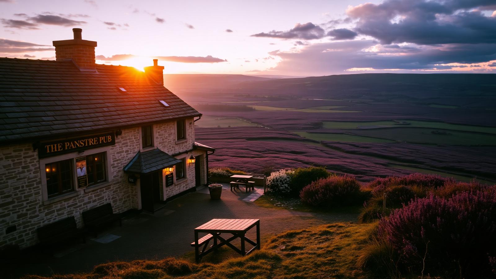 A stone moorland pub with wooden benches outside and heather moorland stretching away below