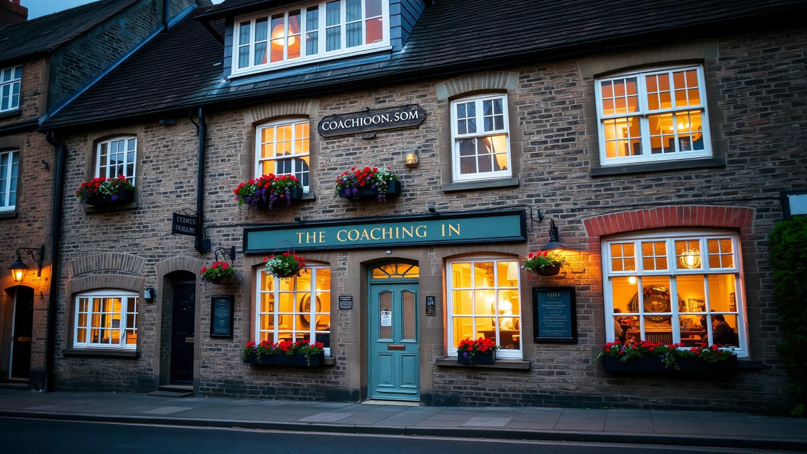 An old stone coaching inn at dusk with lit bedroom windows above and hanging flower baskets on a quiet village street