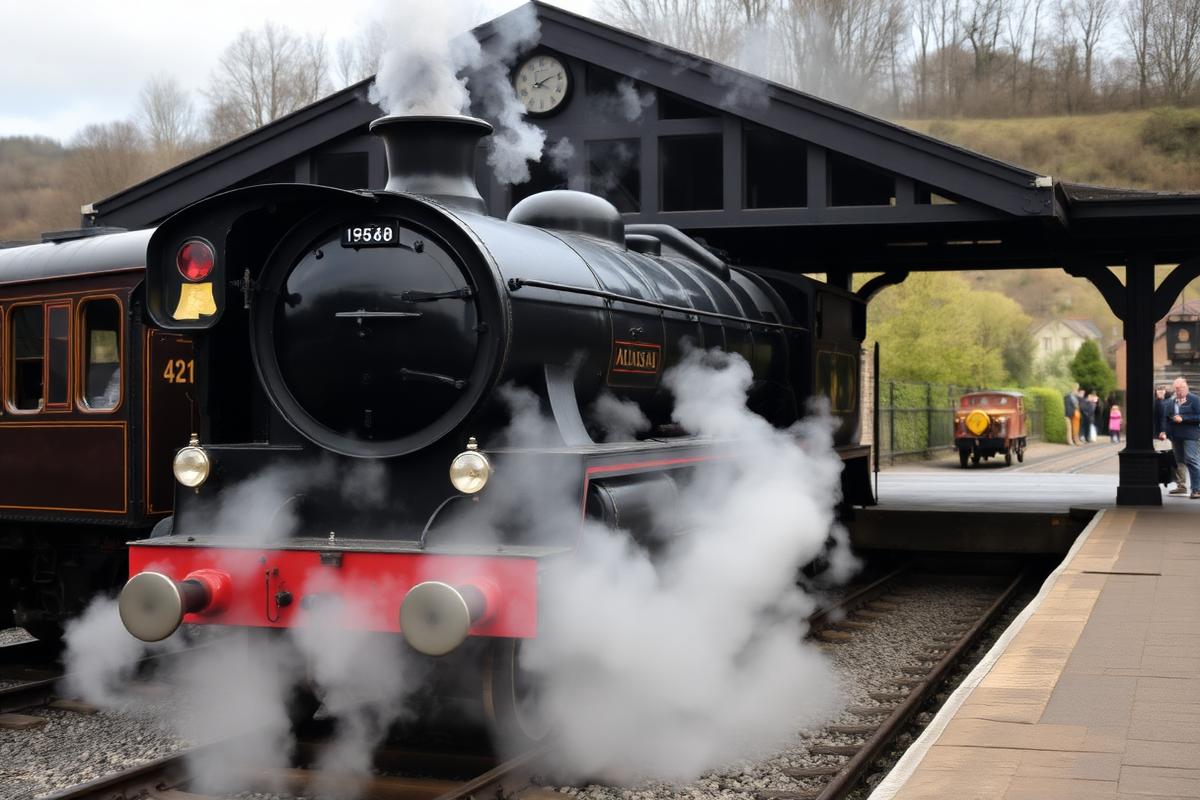 Steam locomotive drawing into a North York Moors heritage station on a gala weekend