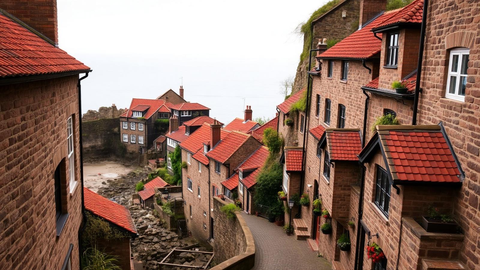 Red-roofed stone cottages and cobbled alleys tumbling down the ravine to the shore at Robin Hood's Bay
