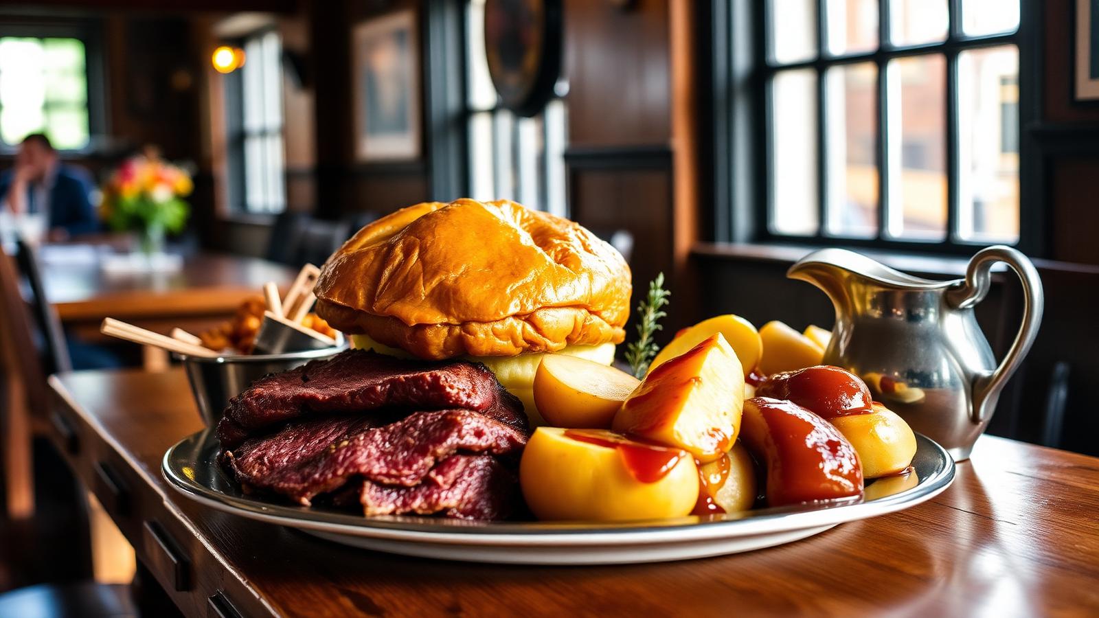 A Yorkshire Sunday roast with roast beef, a large Yorkshire pudding, potatoes and a gravy jug on a wooden pub table