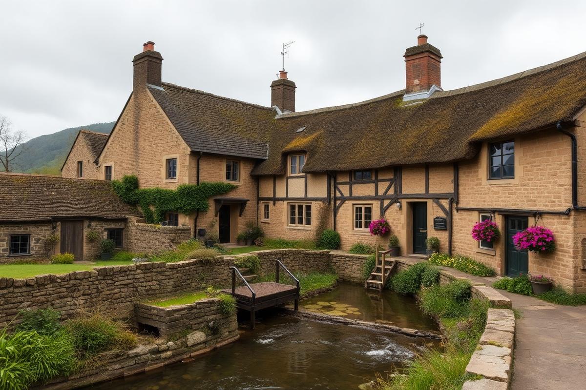 Traditional stone and thatched cottages beside a clear beck in a North York Moors village