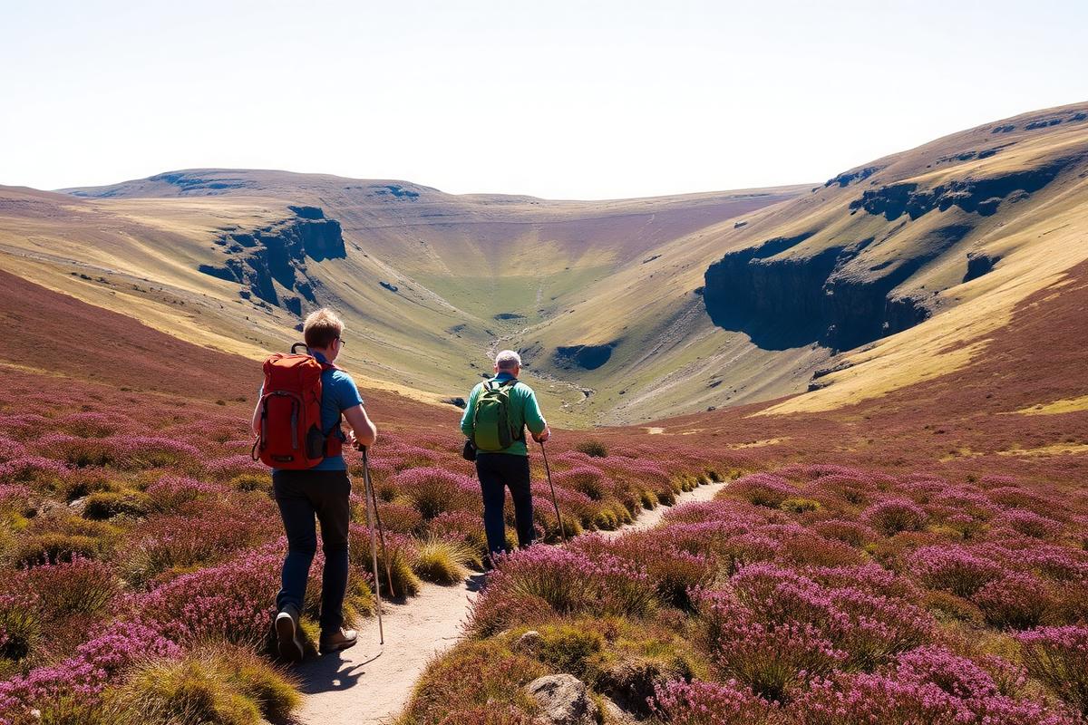 Two walkers following a path through flowering heather towards a deep moorland valley