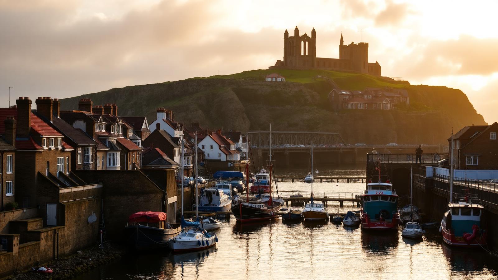 Fishing boats moored in Whitby harbour with the ruins of Whitby Abbey on the clifftop above