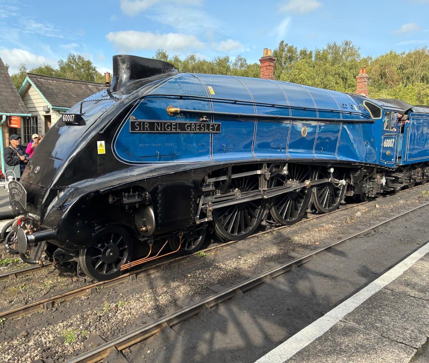 LNER A4 locomotive 60007 Sir Nigel Gresley at a North Yorkshire Moors Railway platform