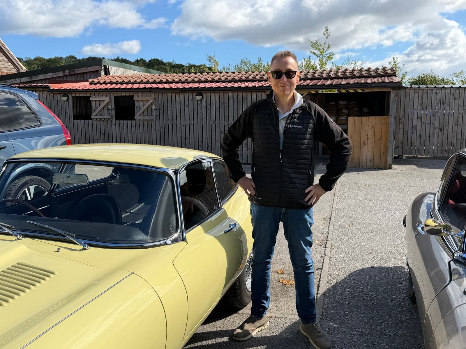 Jon Cosson with his Jaguar E-Type at Cedar Barn