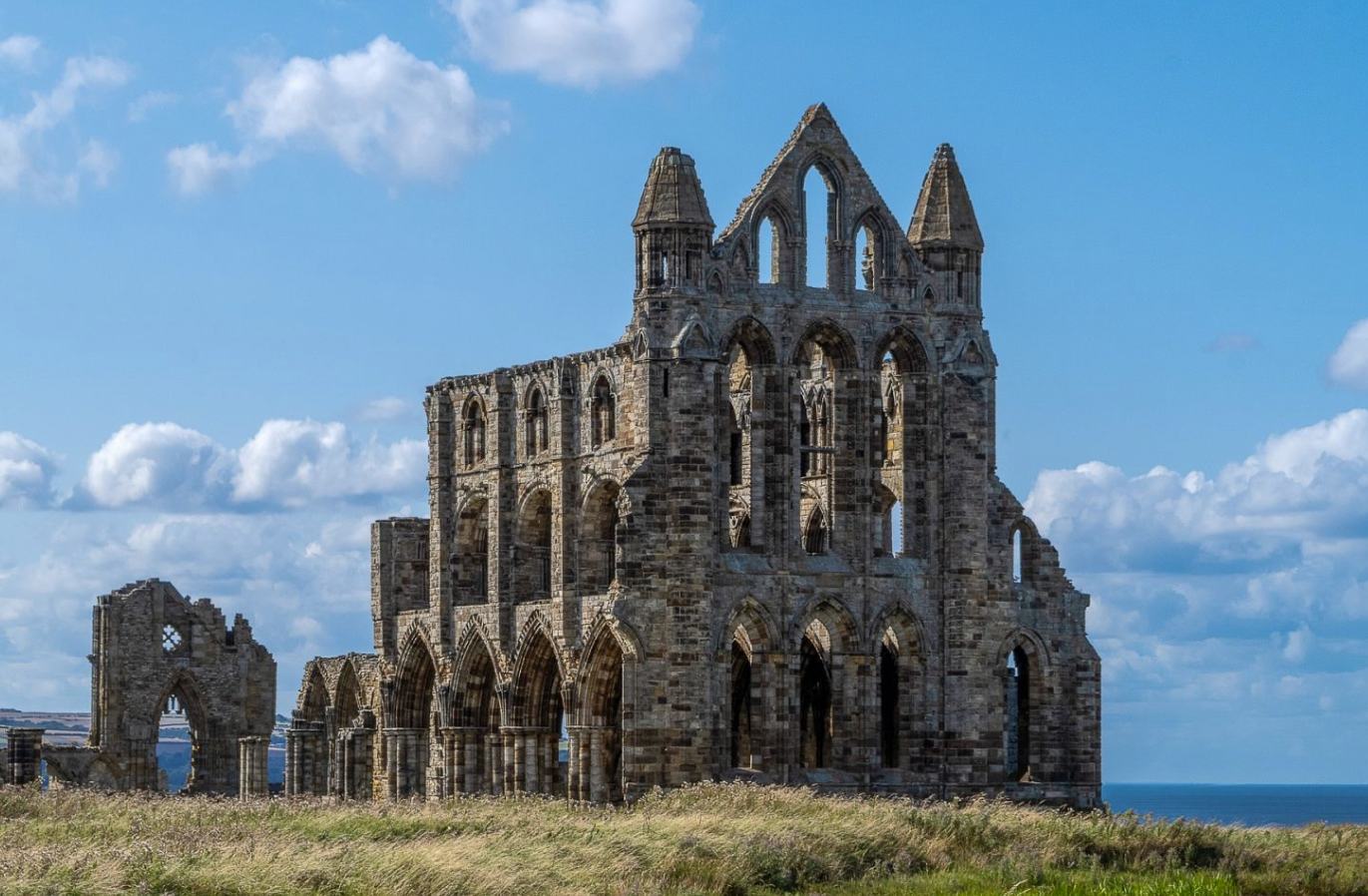 Whitby Abbey ruins on the clifftop above the town